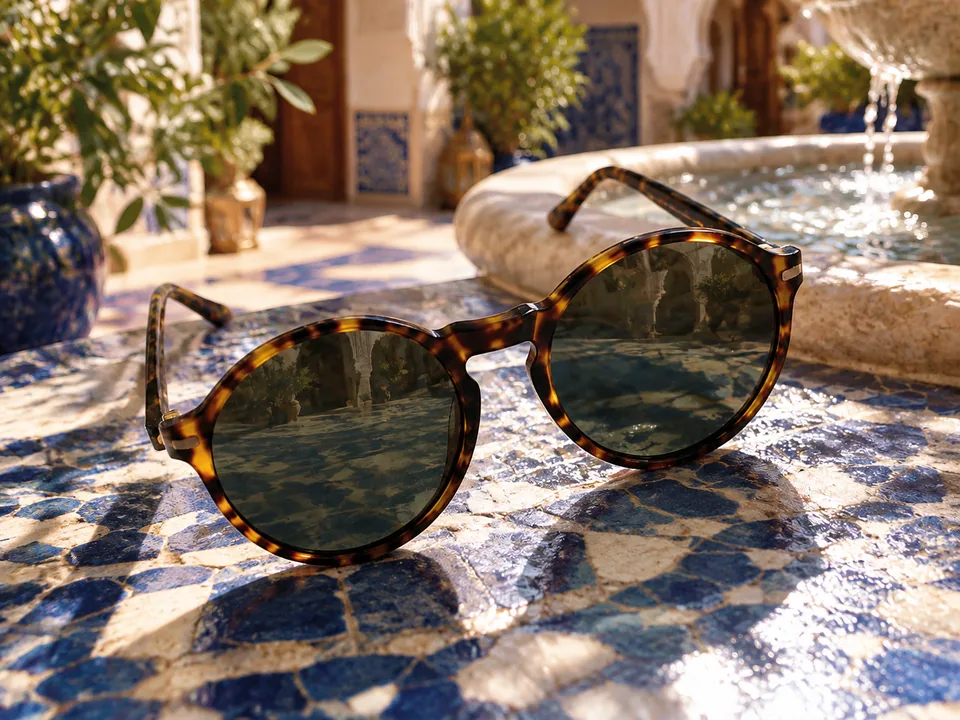 Campaign visual: the sunglasses in a sunlit Moroccan riad courtyard