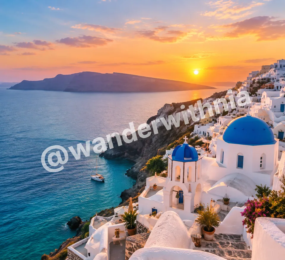 Own sunset photo of a Greek island with a large semi-transparent handle
