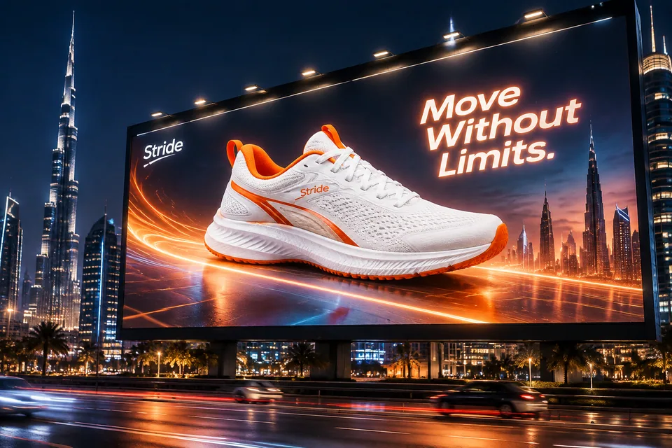 AI result: futuristic Dubai billboard featuring the sneaker