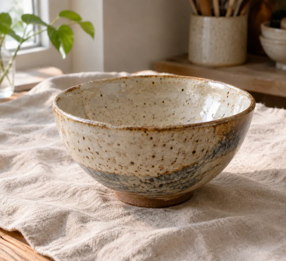 The same bowl without the signature, glaze and linen texture intact