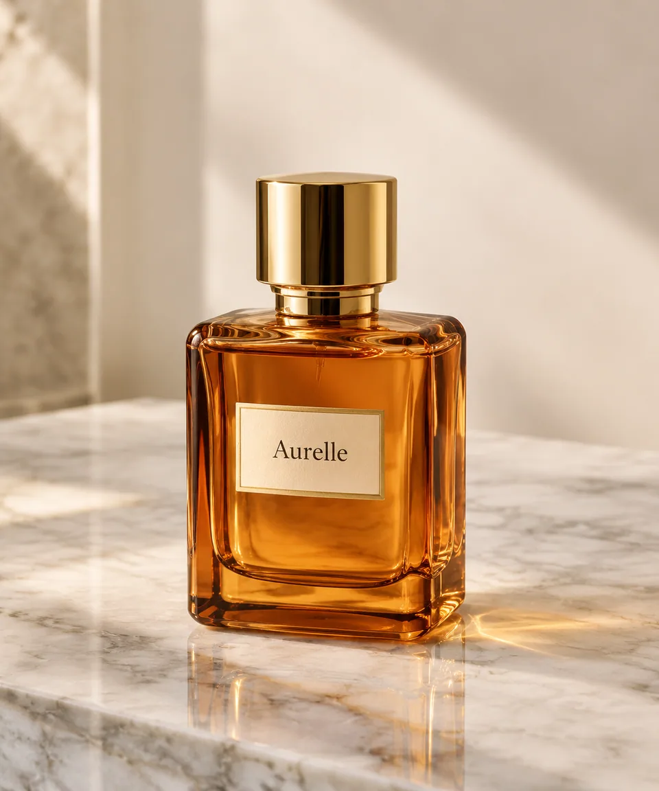 Original photo: amber 'Aurelle' perfume bottle on marble