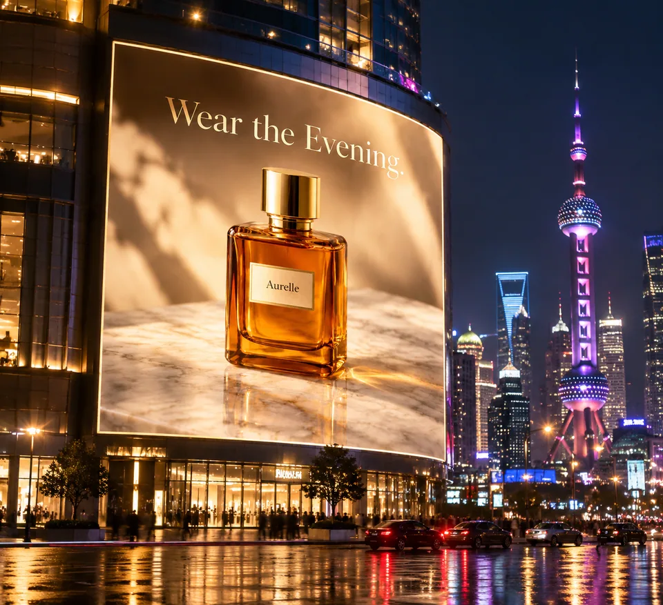 AI result: premium billboard in Shanghai with the perfume and headline