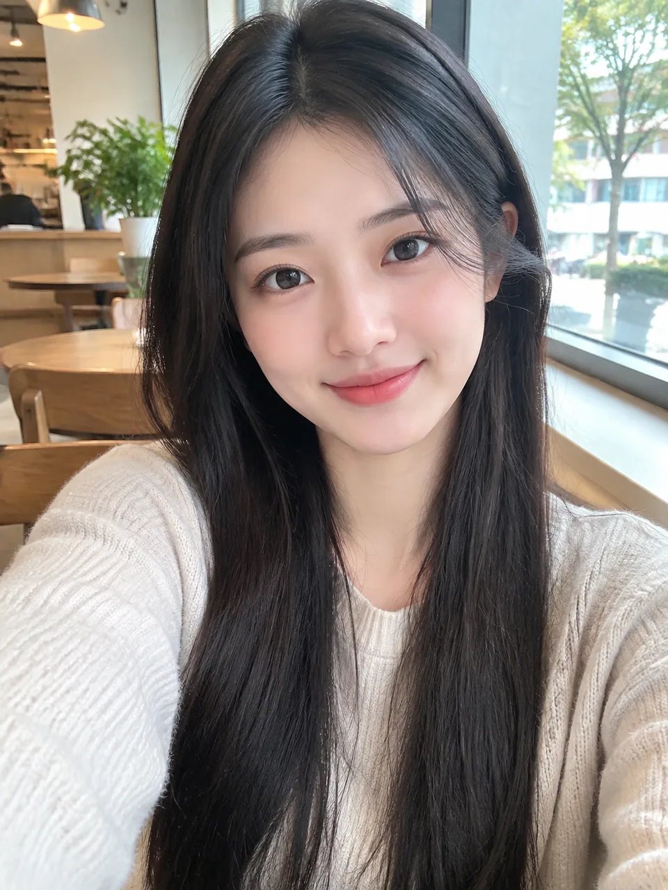 Original selfie: young woman with long straight black hair in a café