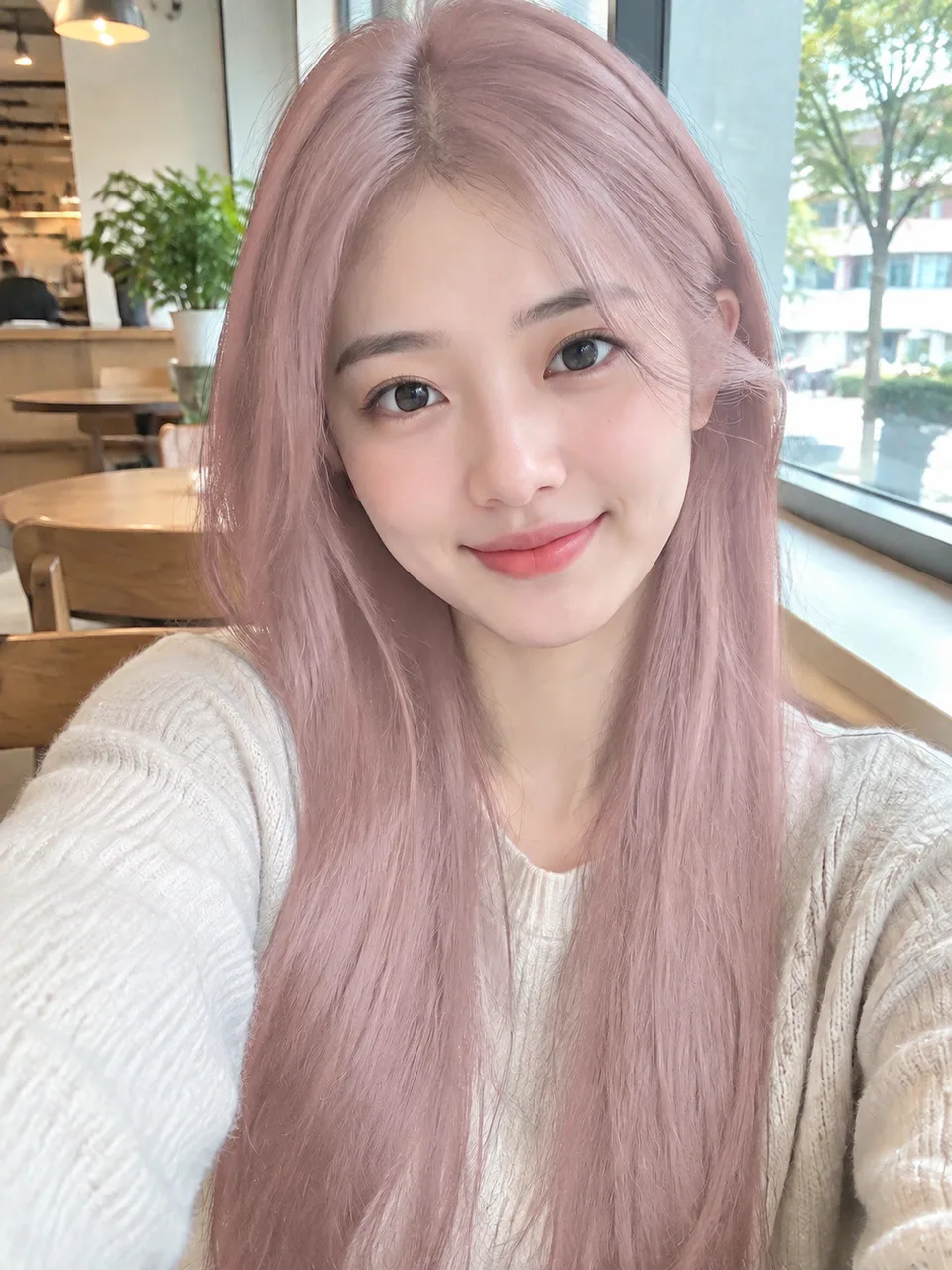 AI result: the same hair recolored pastel pink, cut and face unchanged