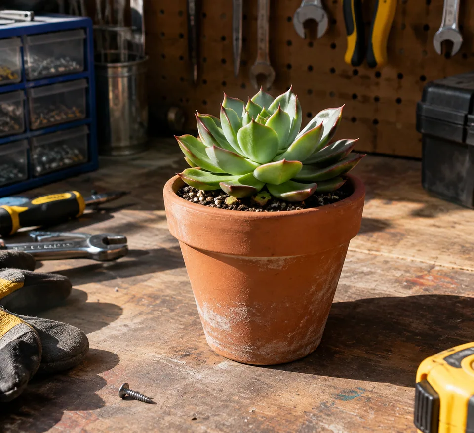 Original photo: potted succulent on a cluttered workbench