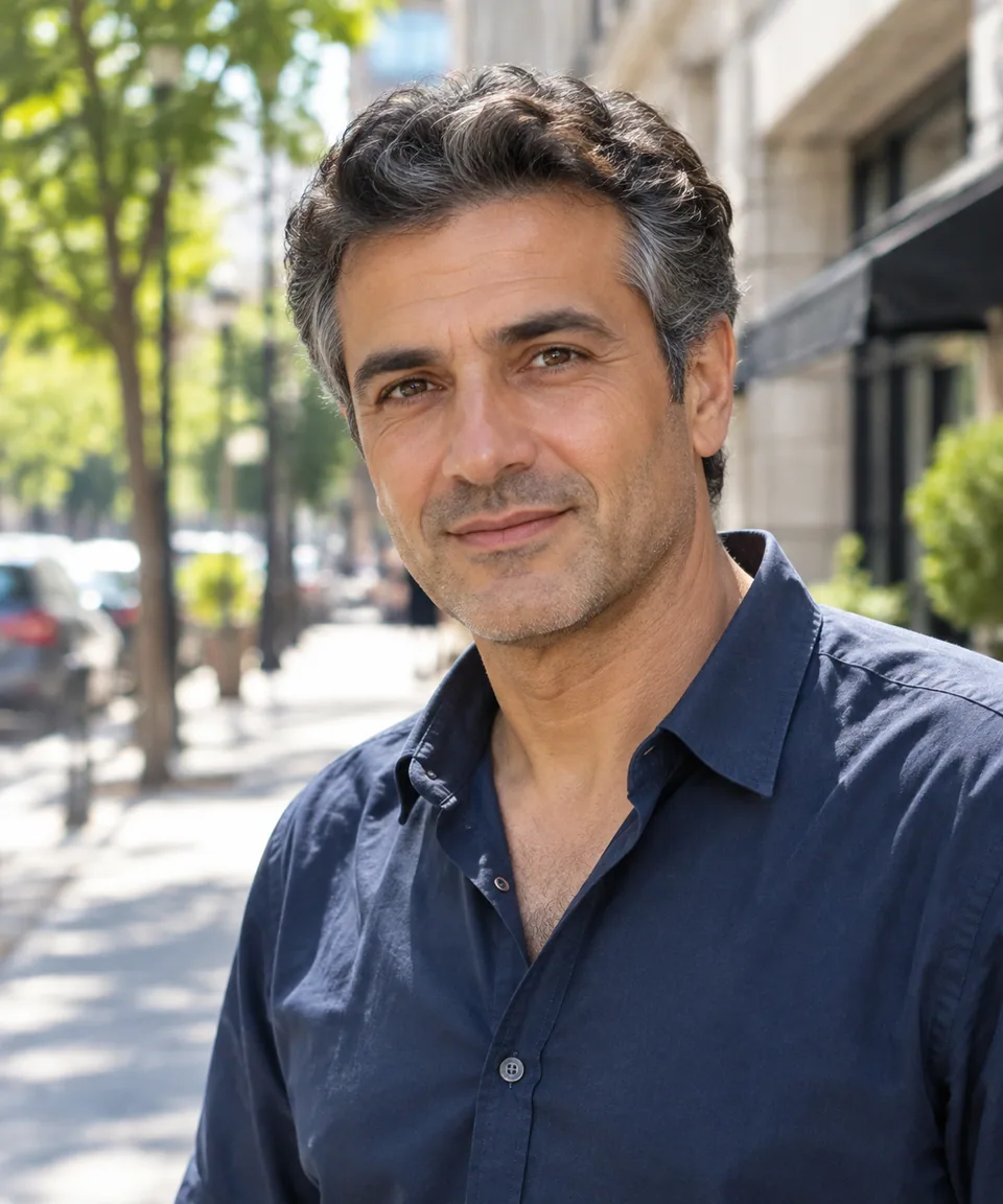 Original photo: man with dark hair greying at the temples on a street