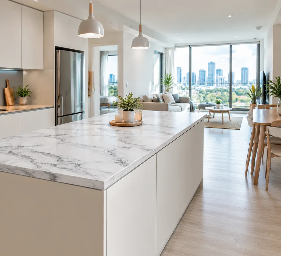 AI result: the same island with a white Carrara marble countertop