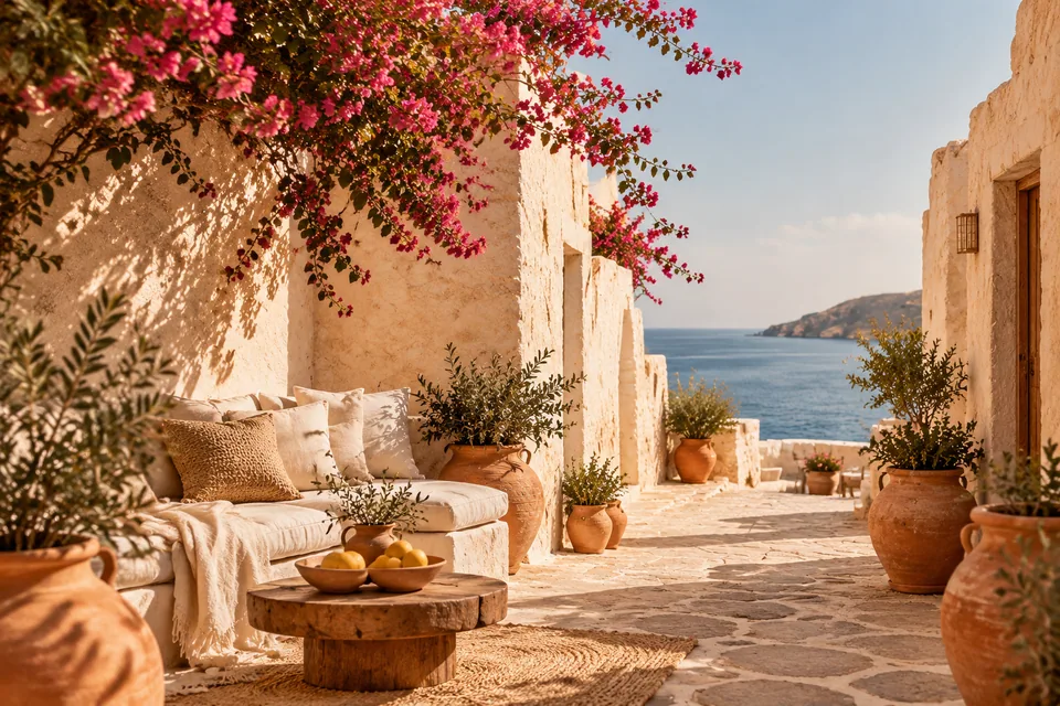 Hotel hero image of a sunlit courtyard in the same warm palette