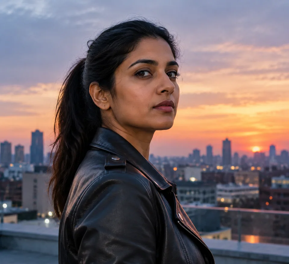 Original photo: woman with a ponytail in a leather jacket on a rooftop