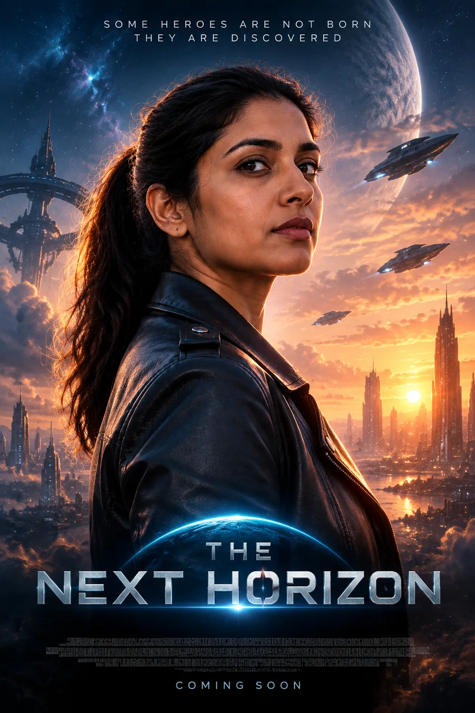 Sci-fi movie poster: the same woman as hero under a glowing planet
