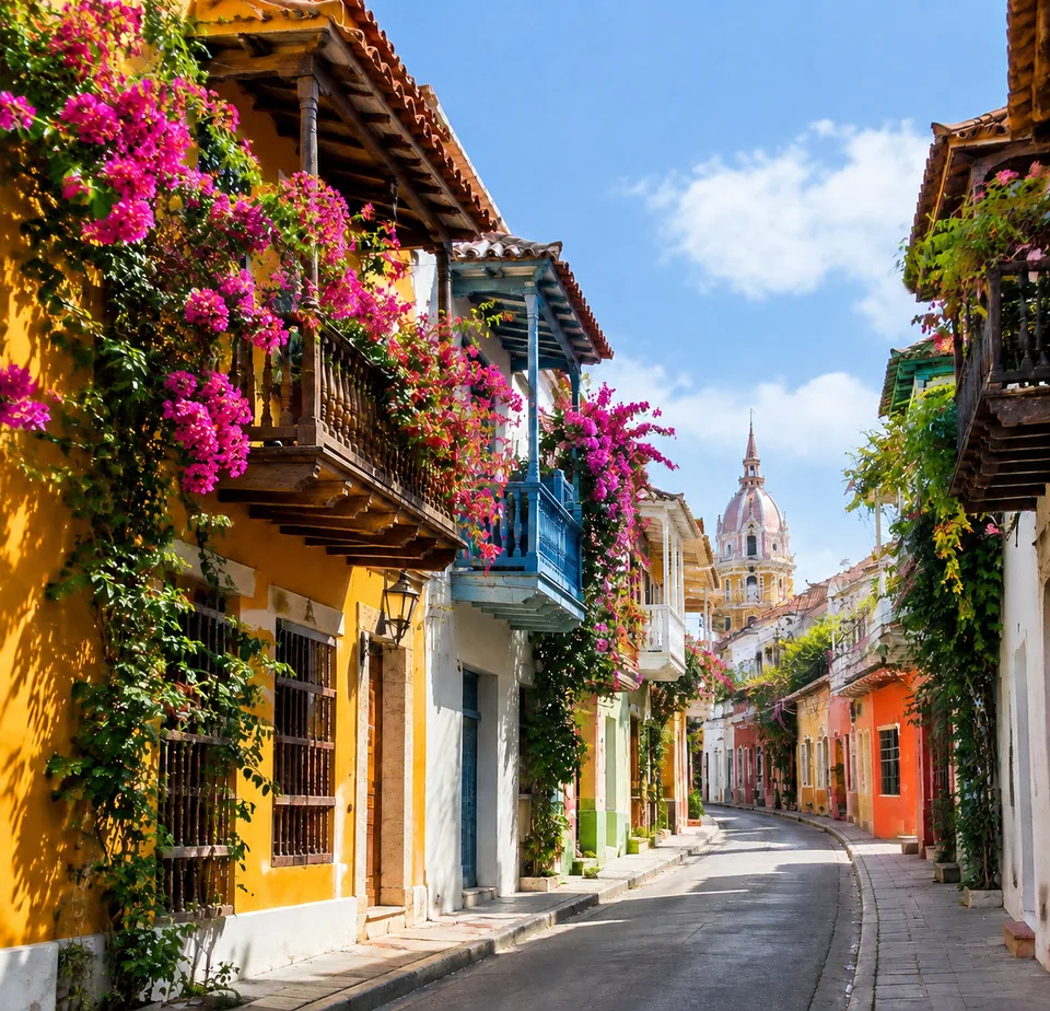 The same street with a clean sky, facades and flowers untouched