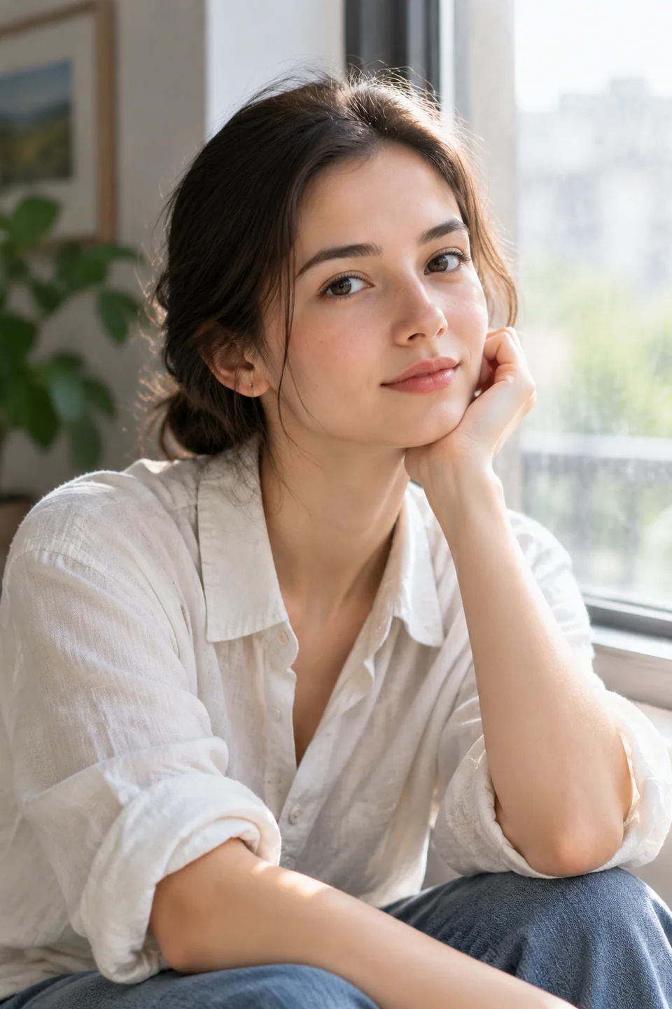 Editorial portrait by a window in soft morning light