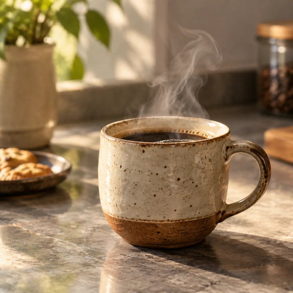 Ceramic coffee cup with steam on a stone countertop