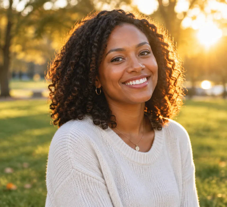 Original photo: woman with natural dark curls in a park