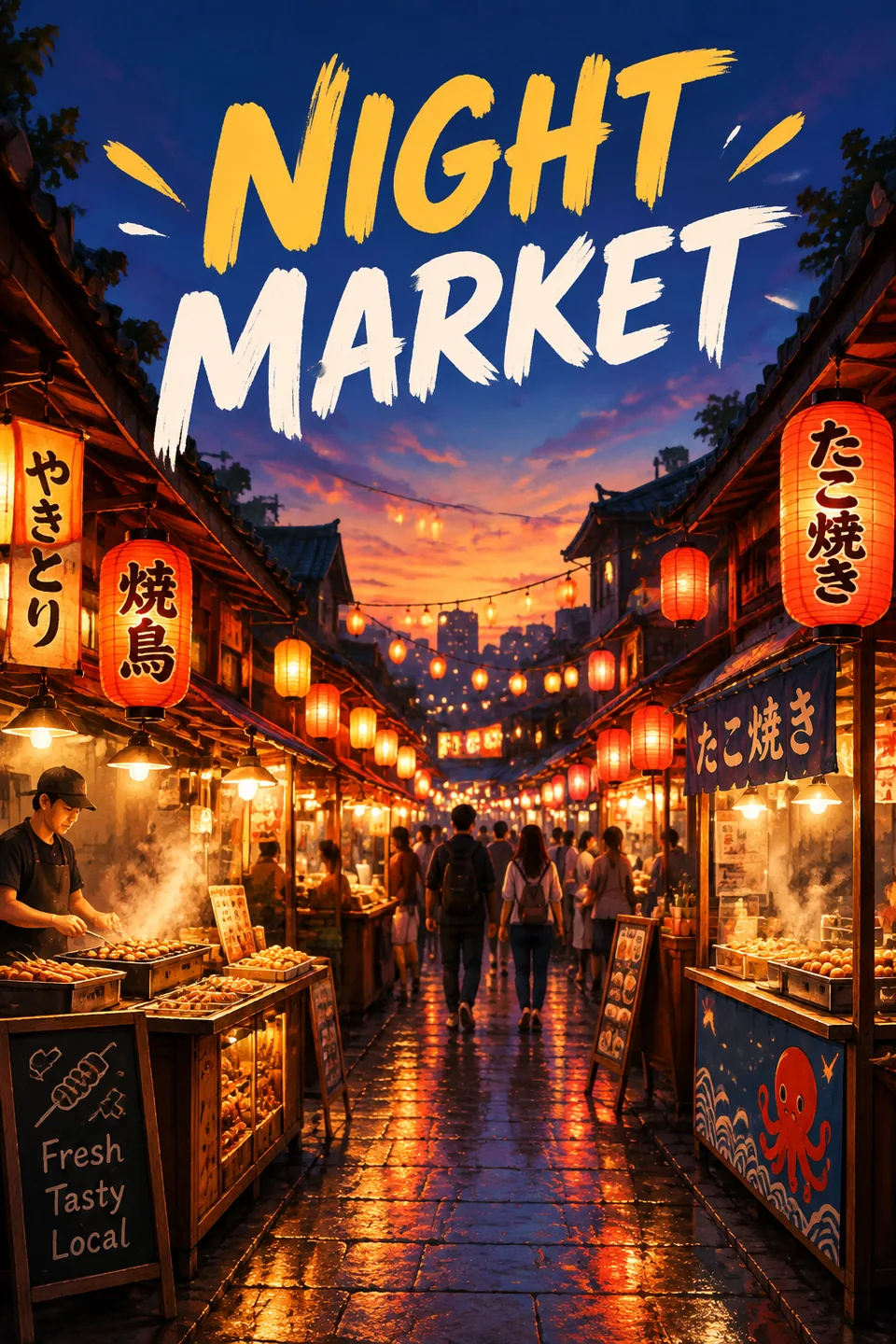 Poster with the words NIGHT MARKET over a lantern-lit alley