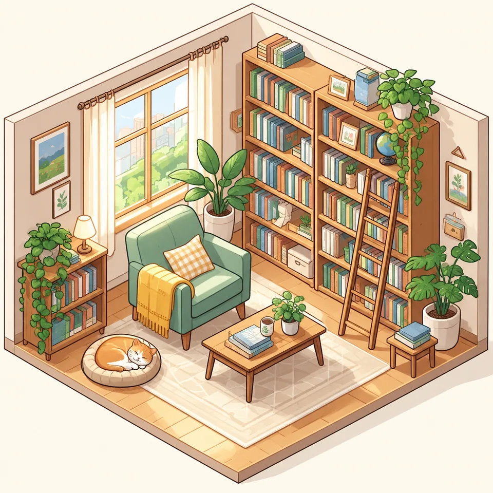 Isometric illustration of a cozy reading room with a cat