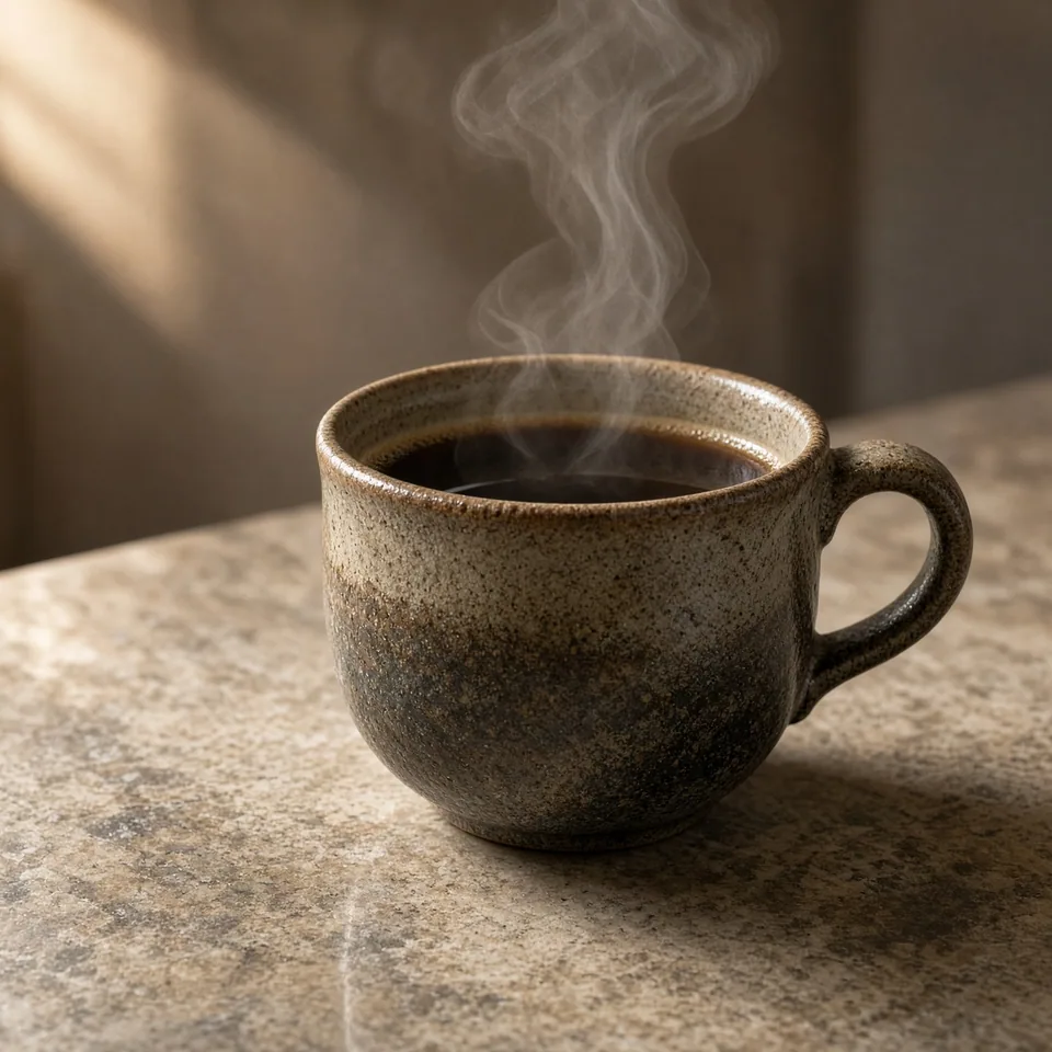 Ceramic coffee cup with steam on a stone countertop