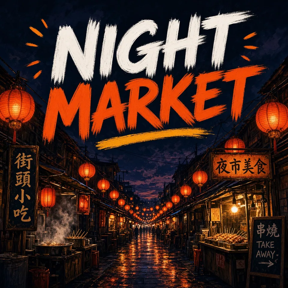 Poster with the words NIGHT MARKET over a lantern-lit alley