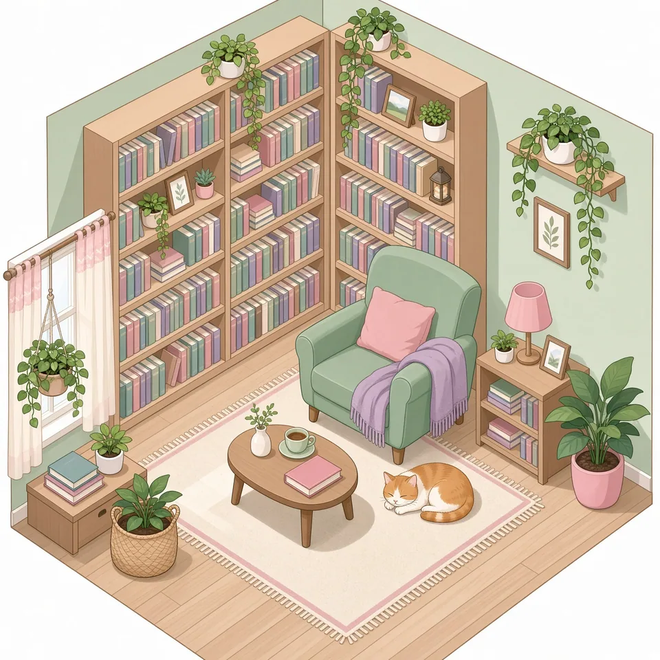 Isometric illustration of a cozy reading room with a cat