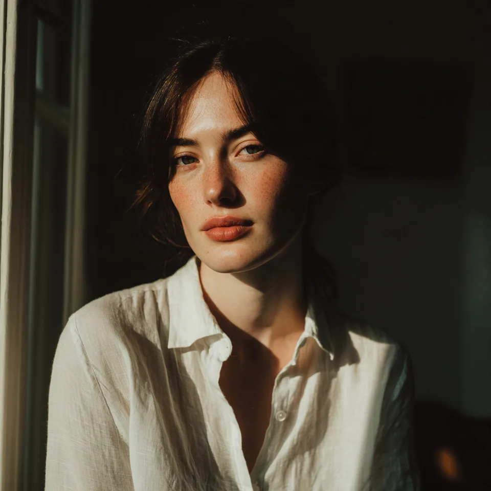 Editorial portrait by a window in soft morning light