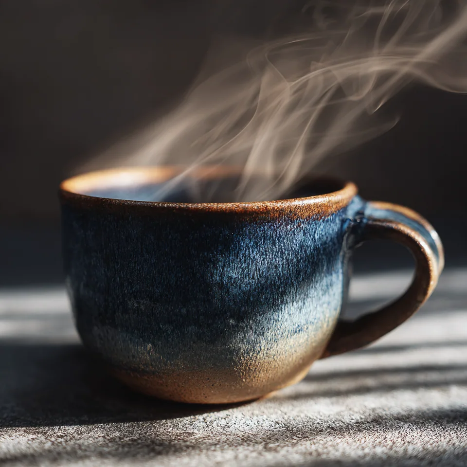 Ceramic coffee cup with steam on a stone countertop
