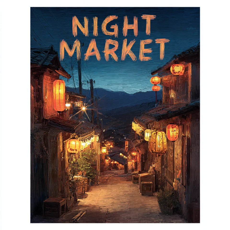 Poster with the words NIGHT MARKET over a lantern-lit alley