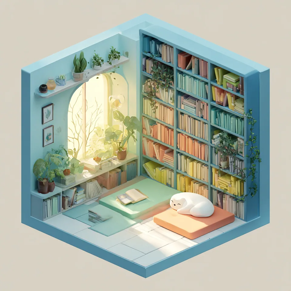 Isometric illustration of a cozy reading room with a cat