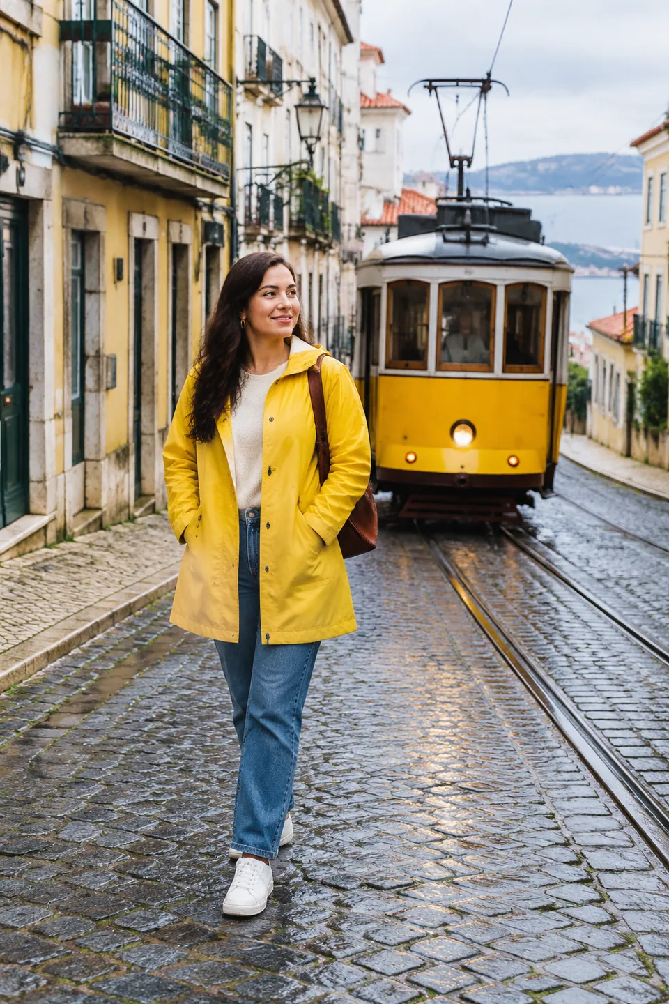 Original scene: woman in a yellow raincoat on a Lisbon tram street