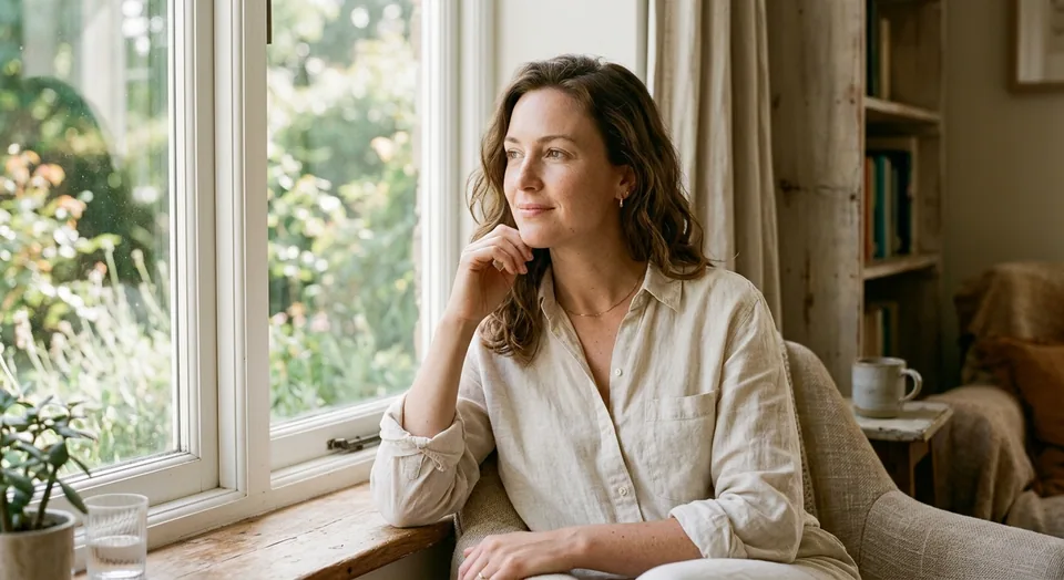 Editorial portrait by a window in soft morning light