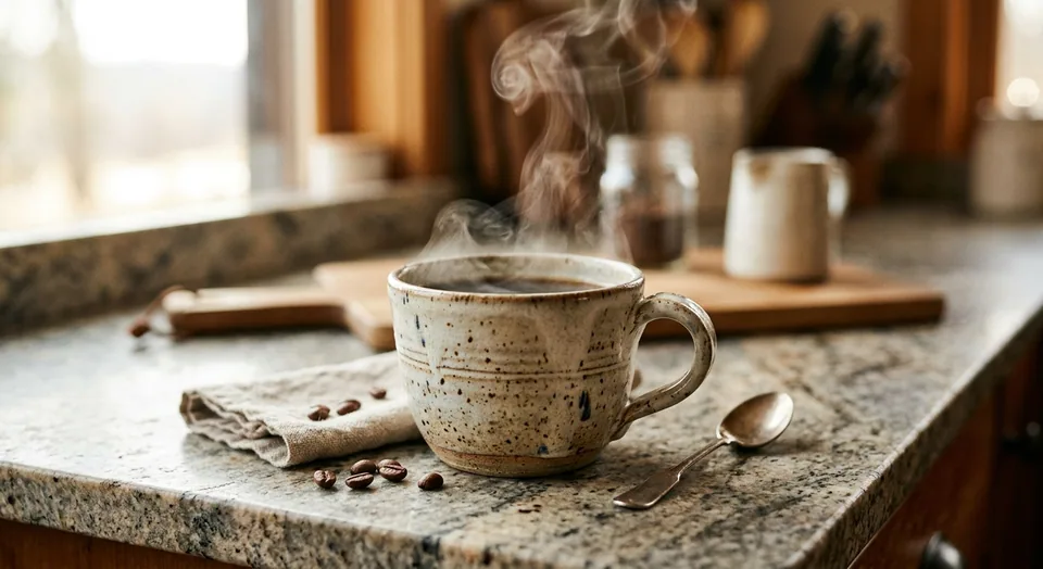 Ceramic coffee cup with steam on a stone countertop