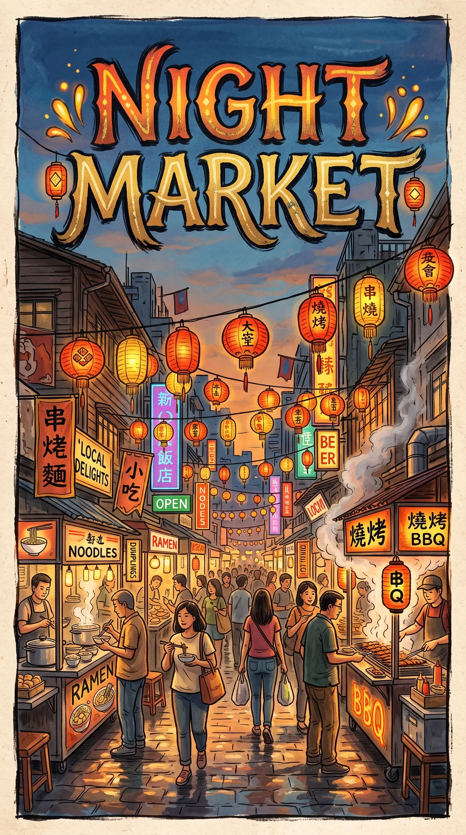 Poster with the words NIGHT MARKET over a lantern-lit alley