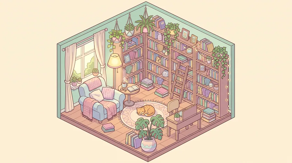 Isometric illustration of a cozy reading room with a cat