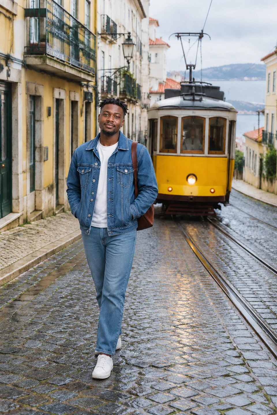 AI result: a man in a denim jacket takes her place, same pose and light