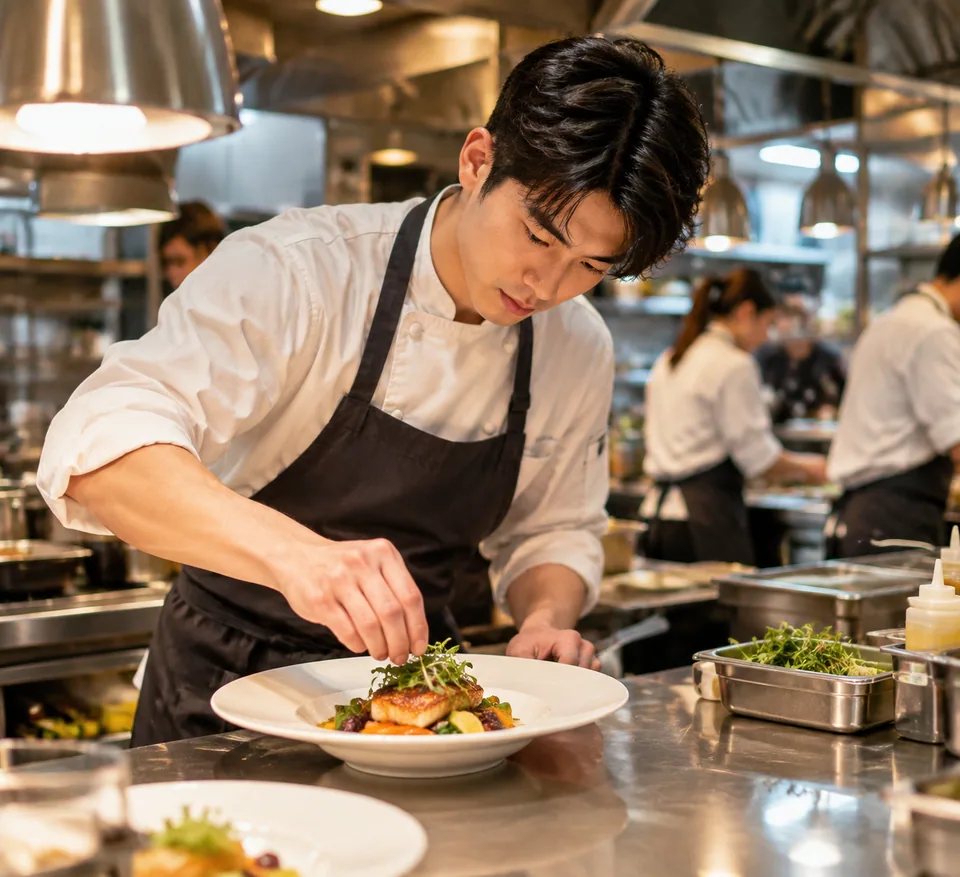Original scene: young chef plating a dish in a restaurant kitchen