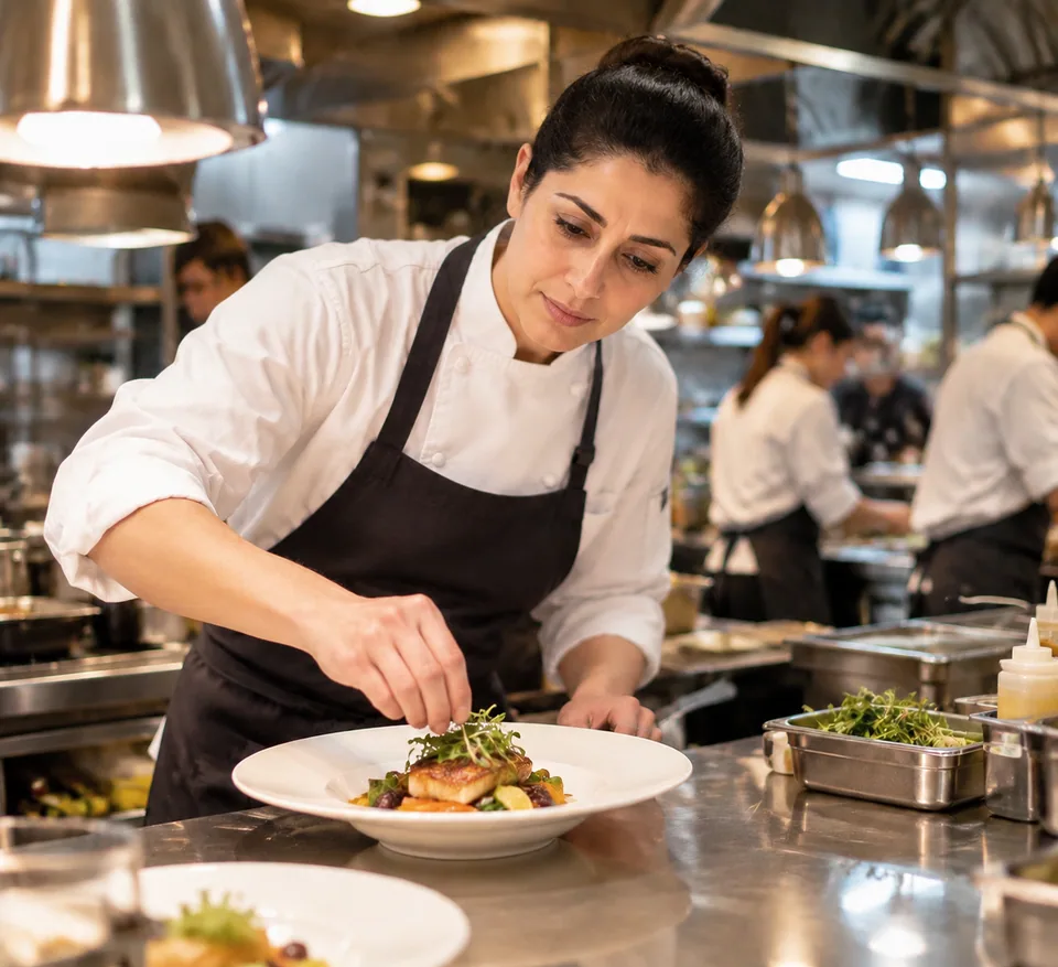 AI result: a woman chef in the same kitchen, lighting and framing kept