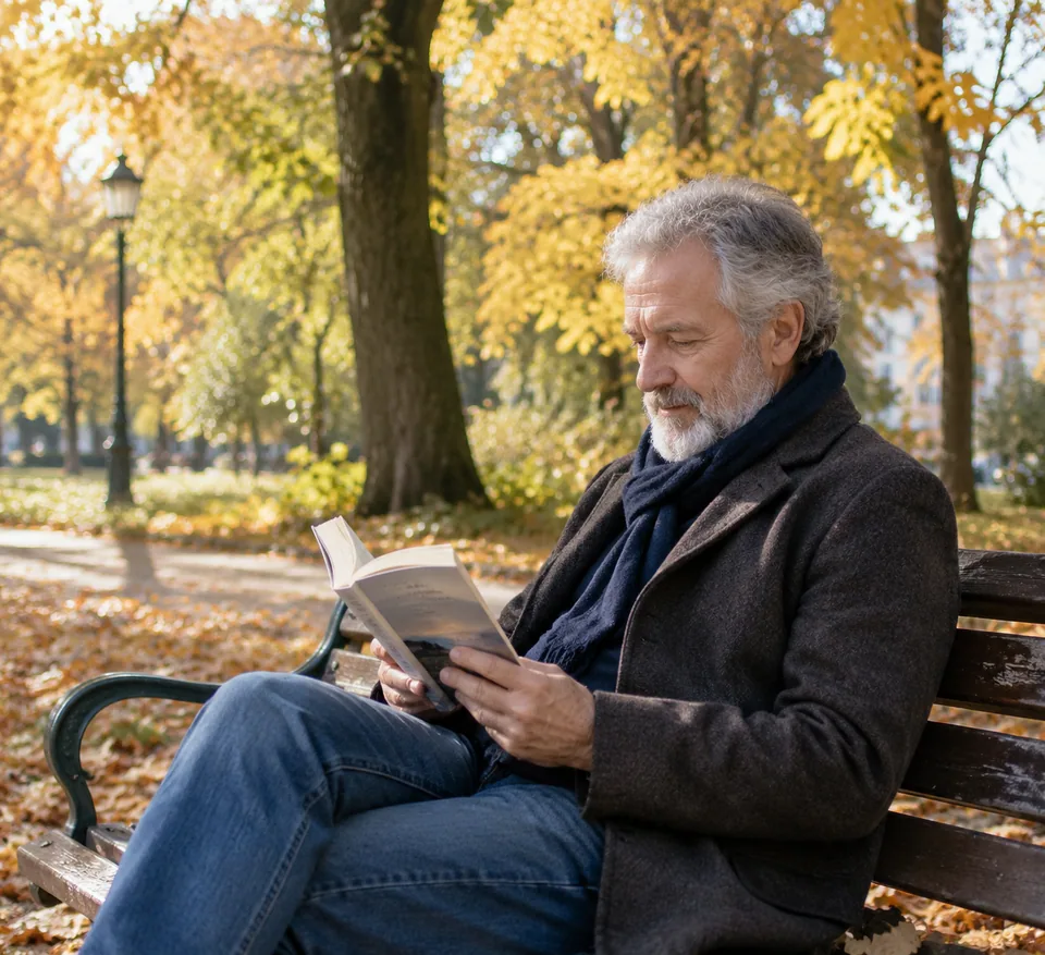 Original photo: bearded man reading on a bench in an autumn park
