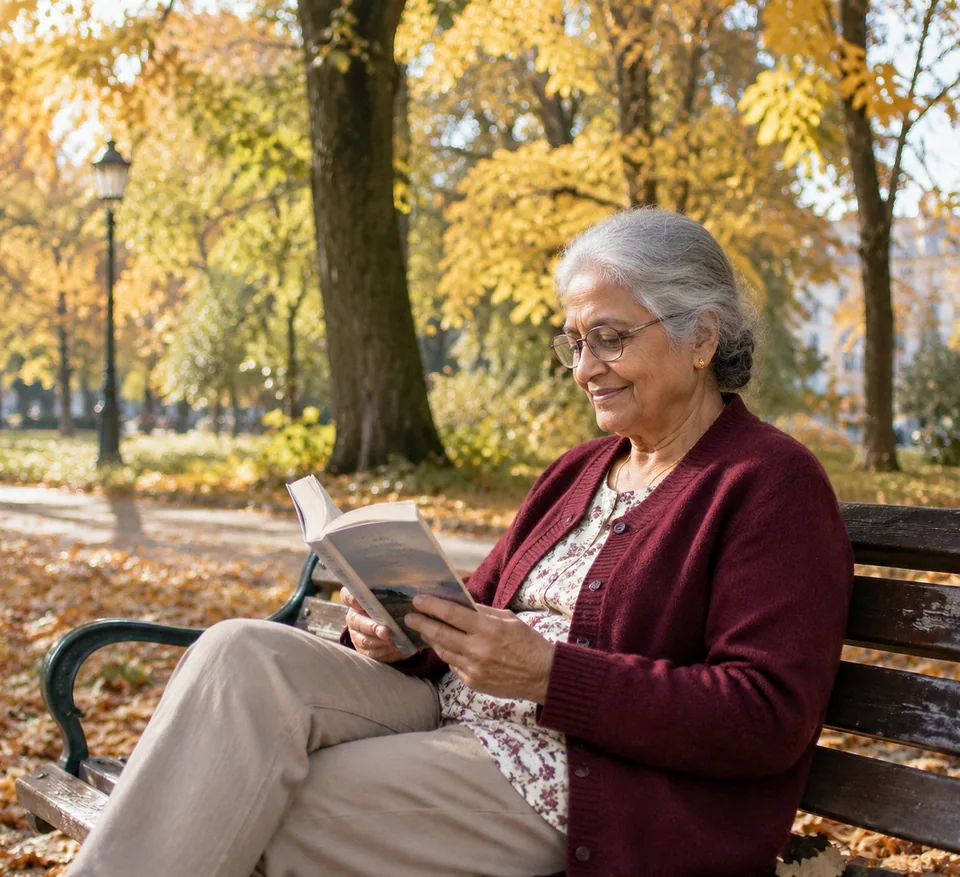 AI result: an older woman in glasses reads on the same bench