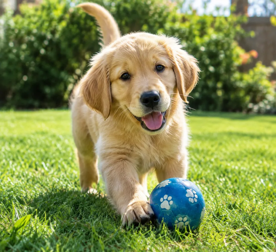 Original photo: golden retriever puppy with a ball on the lawn