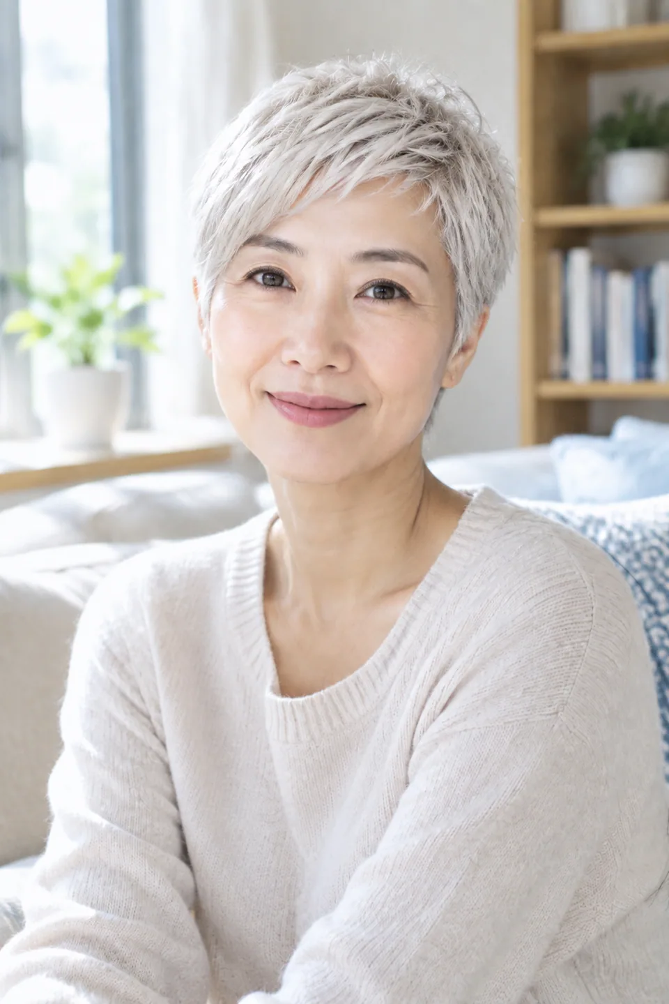 AI result: silver pixie cut, face and expression unchanged
