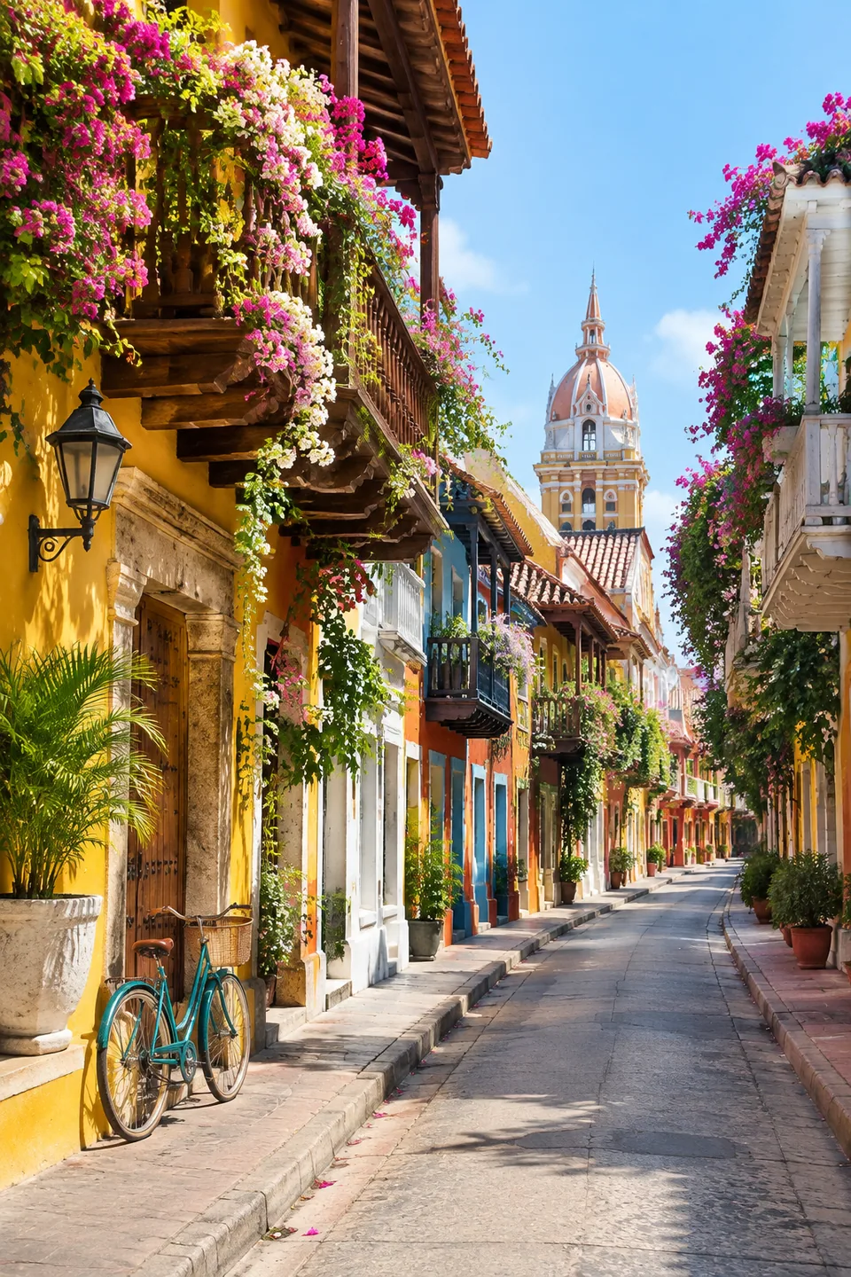 Original photo: colorful Cartagena street with flower balconies
