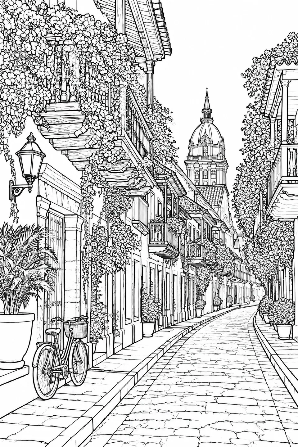 AI result: detailed line-art coloring page of the street