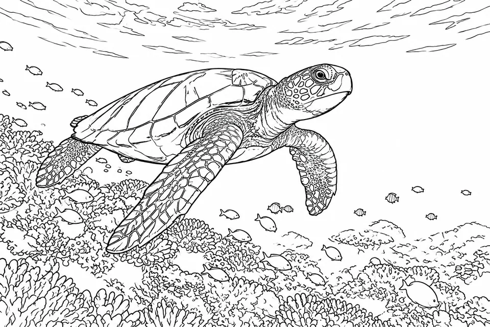 AI result: medium-detail coloring page with the turtle and coral