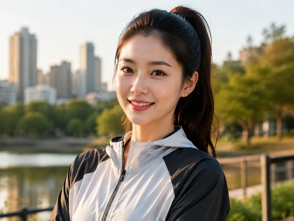Main hero: woman with a high ponytail in a sporty jacket