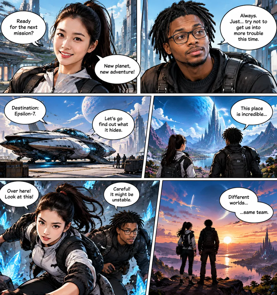 Sci-fi manga strip: she and a friend with glasses fight a runaway robot