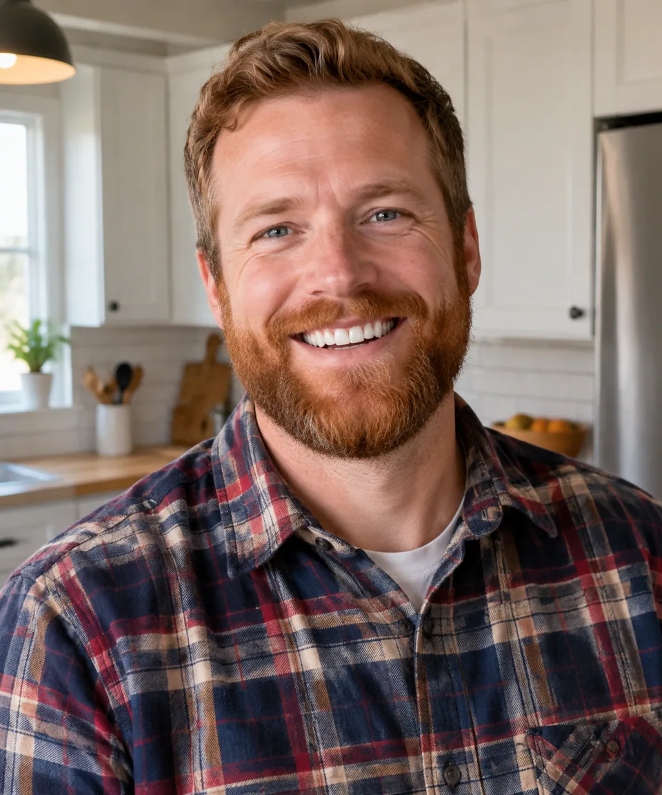 Main hero: red-bearded man in a flannel shirt grinning