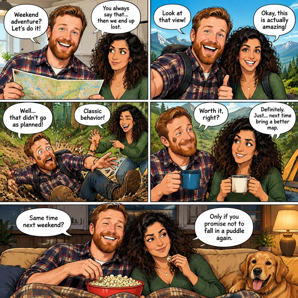Caricature comedy strip: a cooking disaster with his skeptical partner