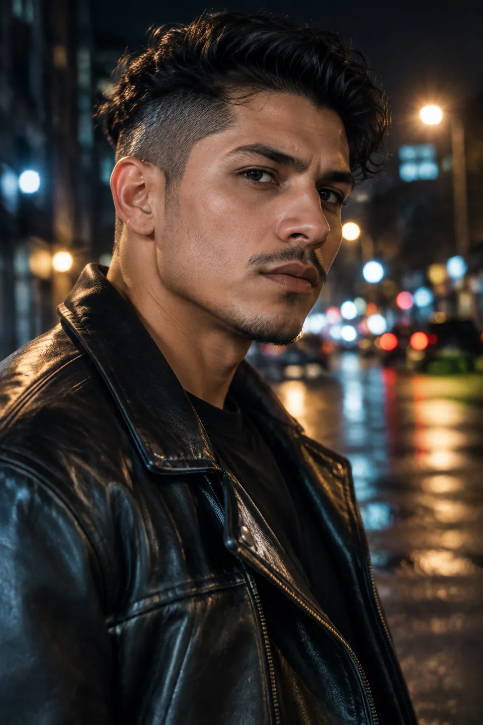 Main hero: man with an undercut in a leather jacket at night