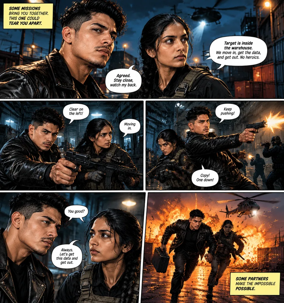 Action comic: the two heroes in a rooftop chase with bold speech bubbles