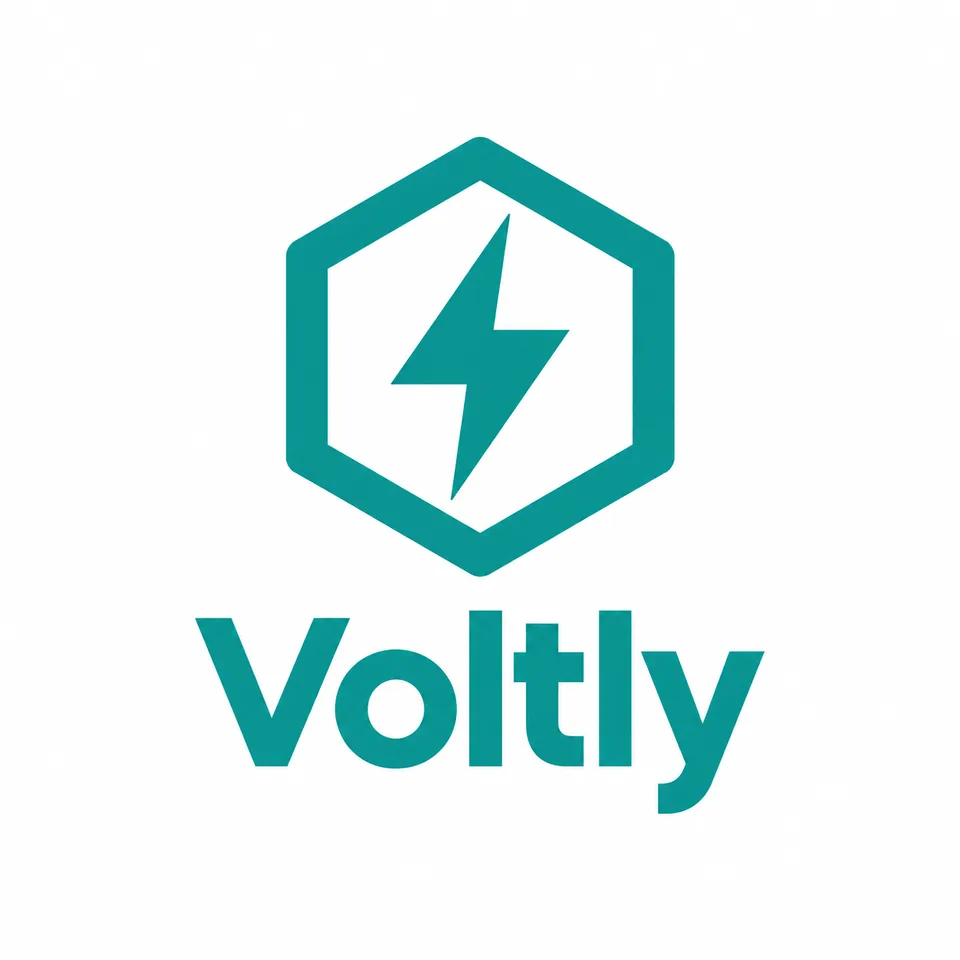 Original logo: lightning bolt in a hexagon with 'Voltly'
