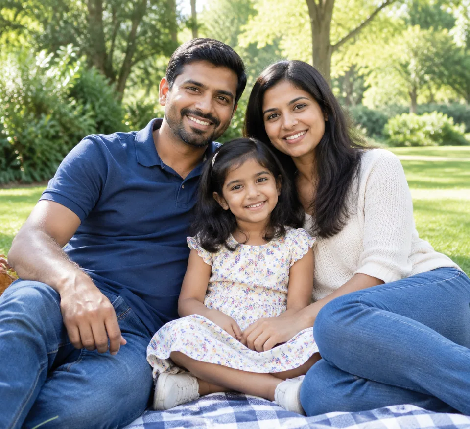 Original photo: parents and daughter on a picnic blanket in a park